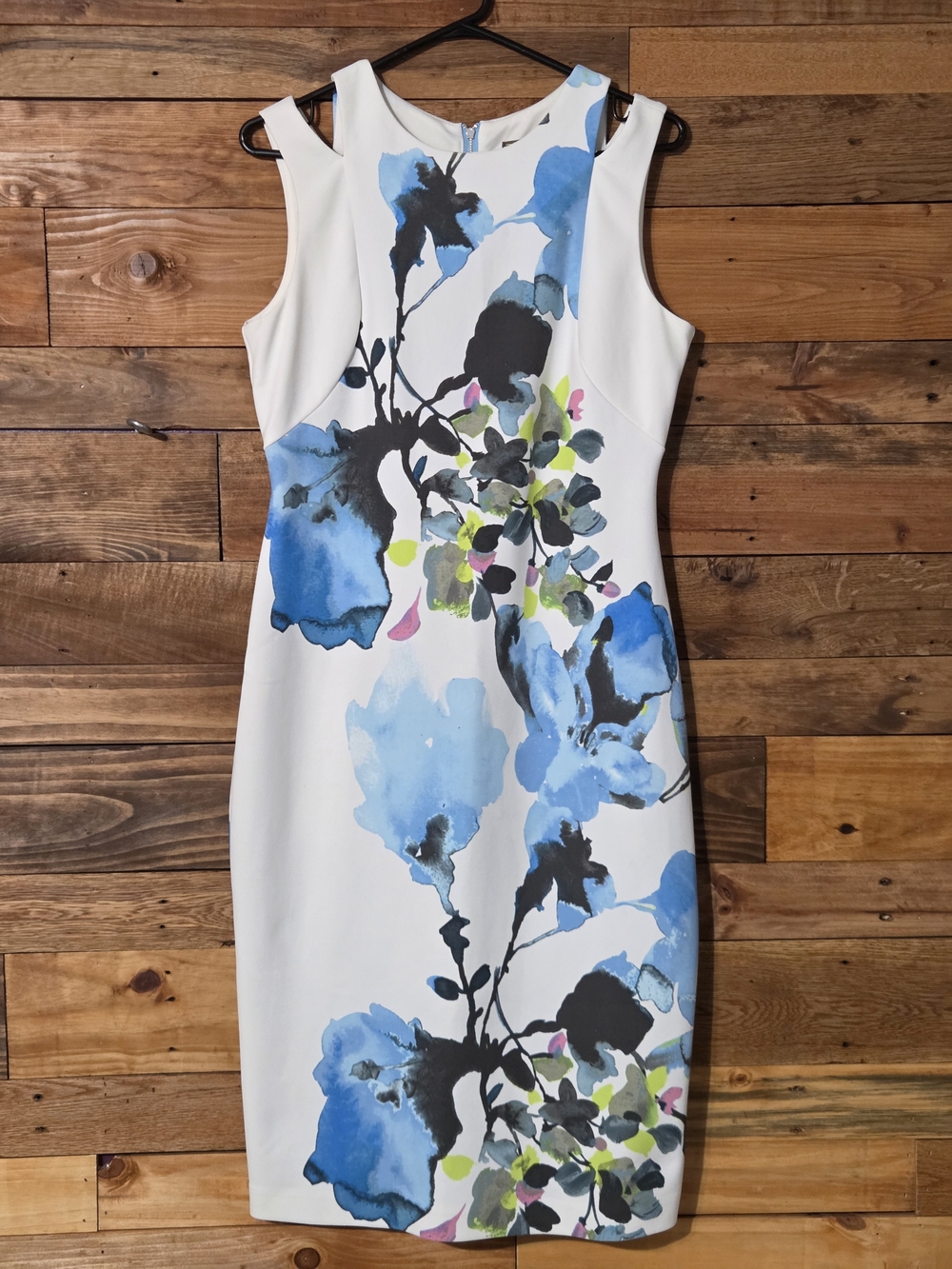 Floral Sheath Dress Blue White Sleeveless Midi Elegant Work Office Strech Sz 10